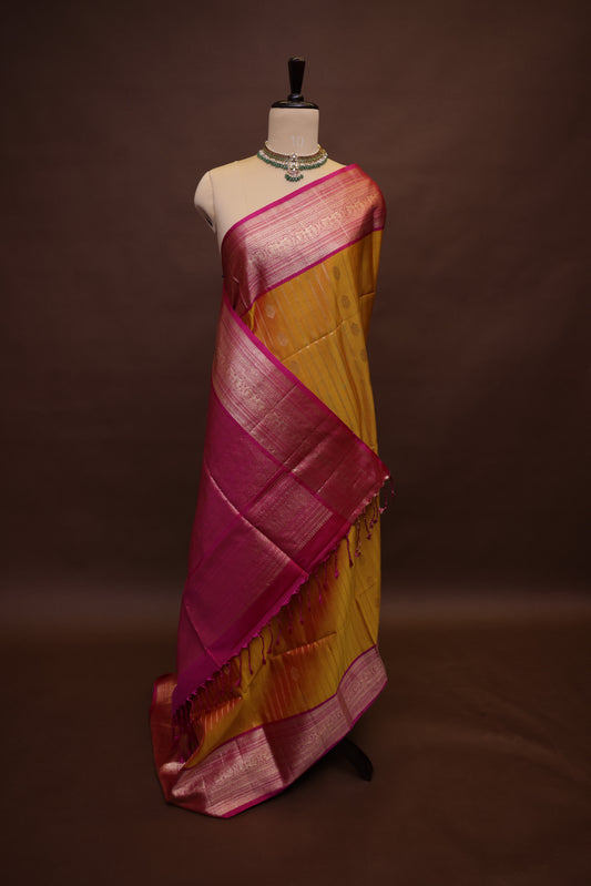 Pure Soft Silk Saree - Mustard Yellow with Hot Pink