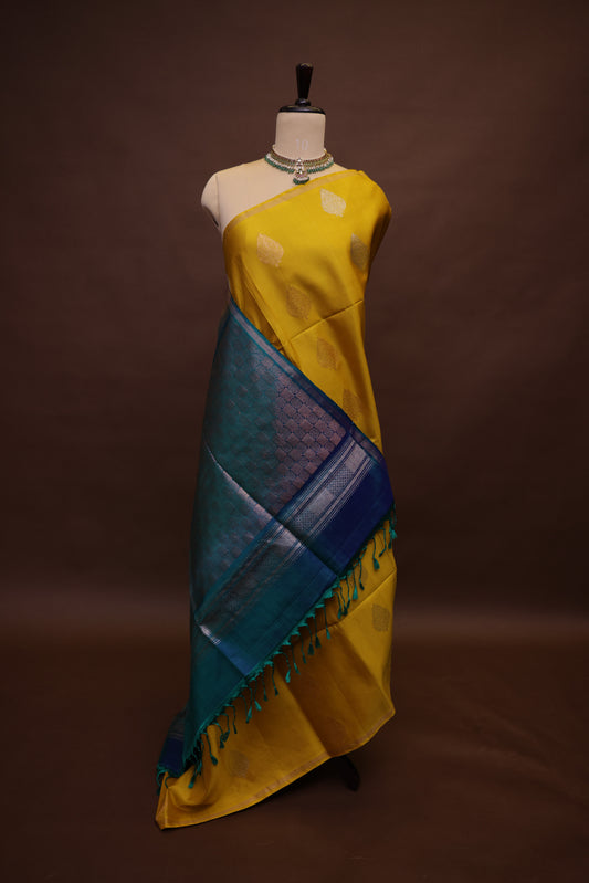Pure Soft Silk Saree - Bright Turmeric Yellow with Teal Blue & Green