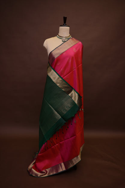 Pure Soft Silk Saree - Rich Pink with Deep Green