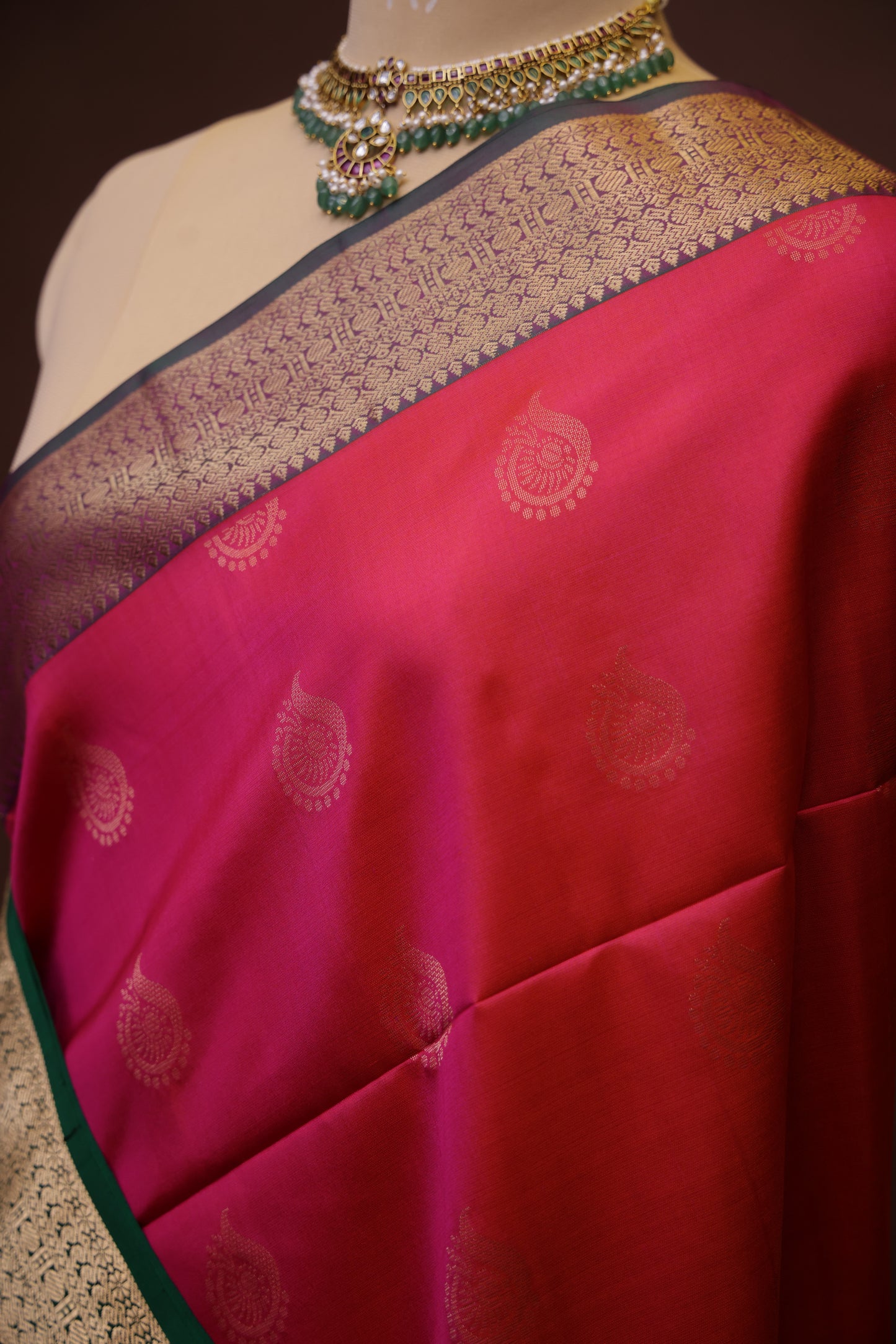 Pure Soft Silk Saree - Rich Pink with Deep Green