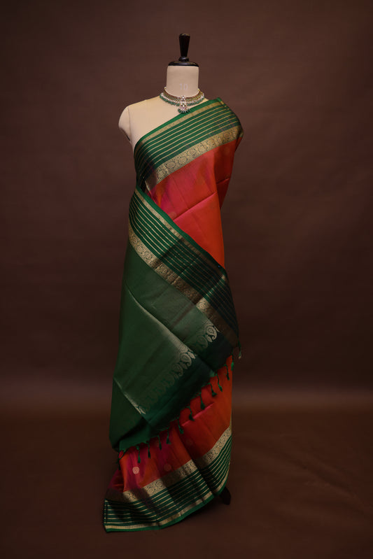 Pure Soft Silk Saree - Pink and Orange with Deep Green