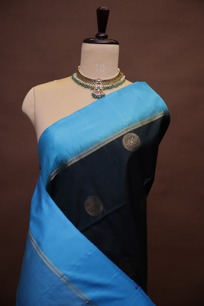 Pure Soft Silk Saree - Deep Green with Sky Blue