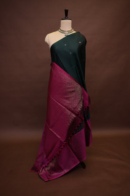 Pure Soft Silk Saree - Deep Bottle Green with Pink