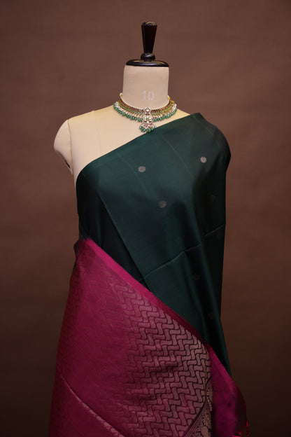 Pure Soft Silk Saree - Deep Bottle Green with Pink
