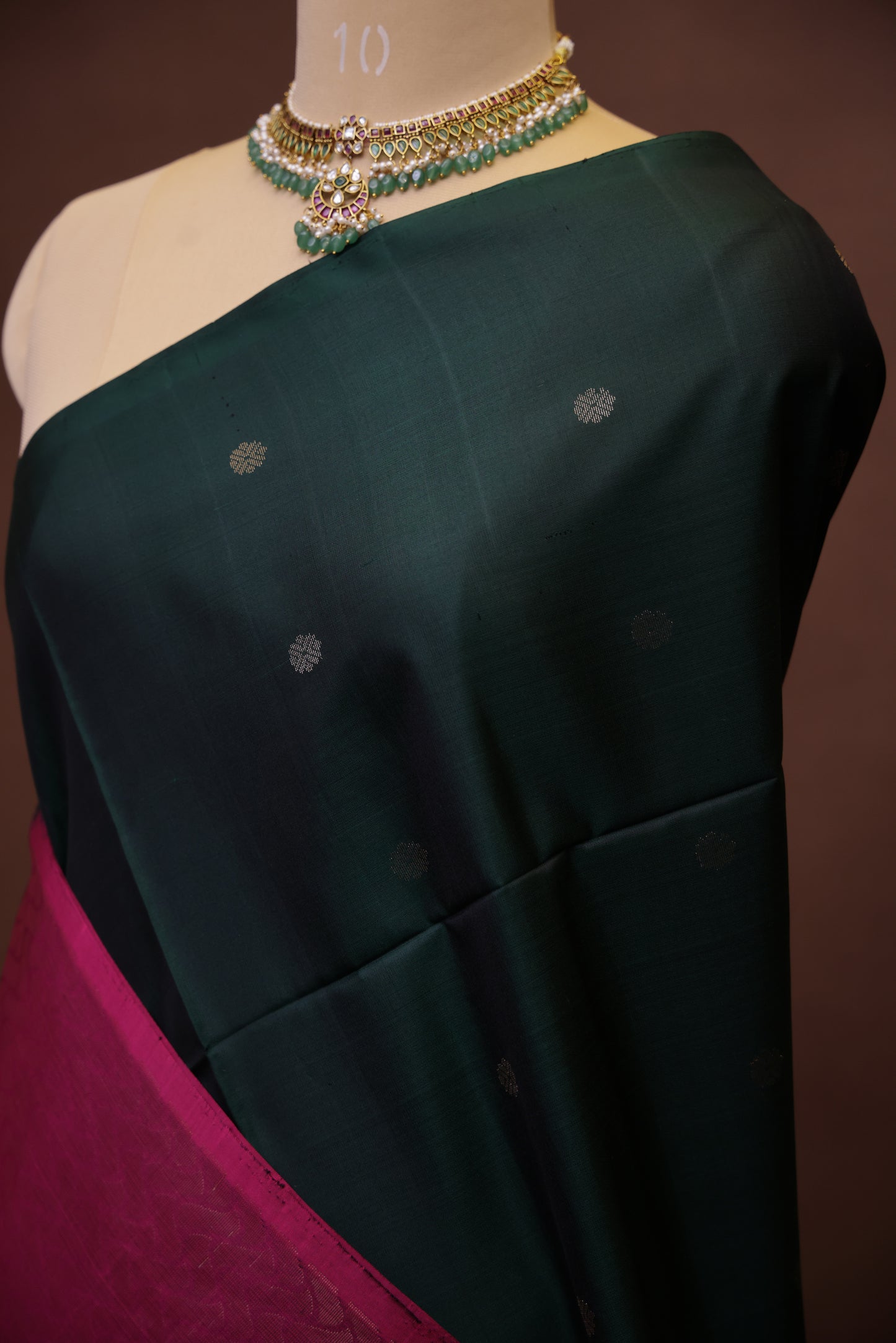 Pure Soft Silk Saree - Deep Bottle Green with Pink