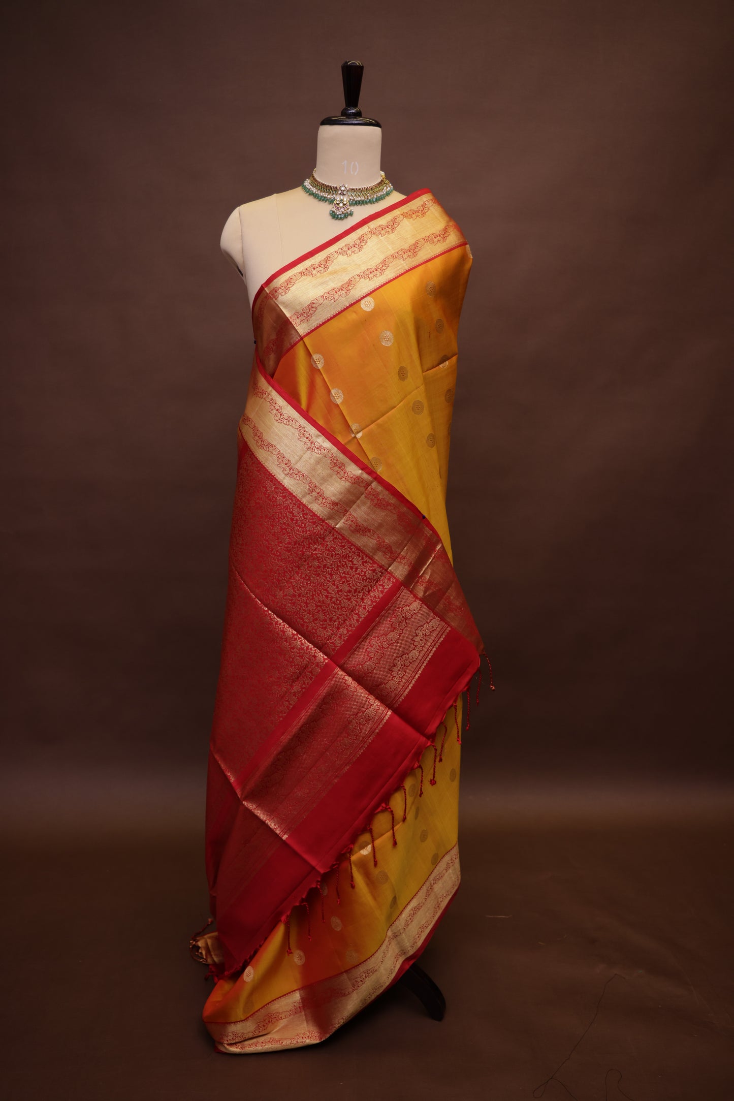 Pure Soft Silk Saree - Golden Yellow with Orange and Red