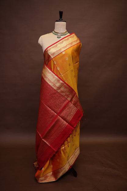Pure Soft Silk Saree - Golden Yellow with Orange and Red