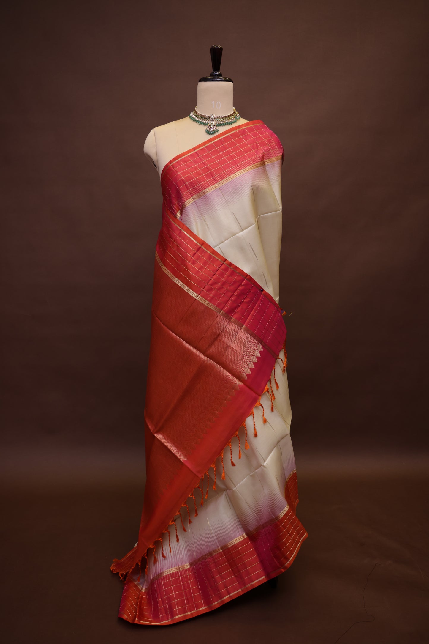 Pure Soft Silk Saree - Half White with Orange and Pink
