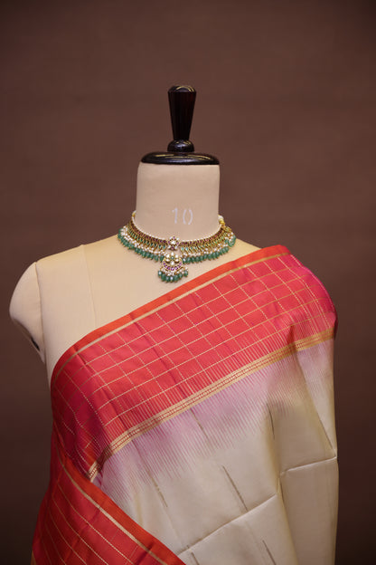 Pure Soft Silk Saree - Half White with Orange and Pink