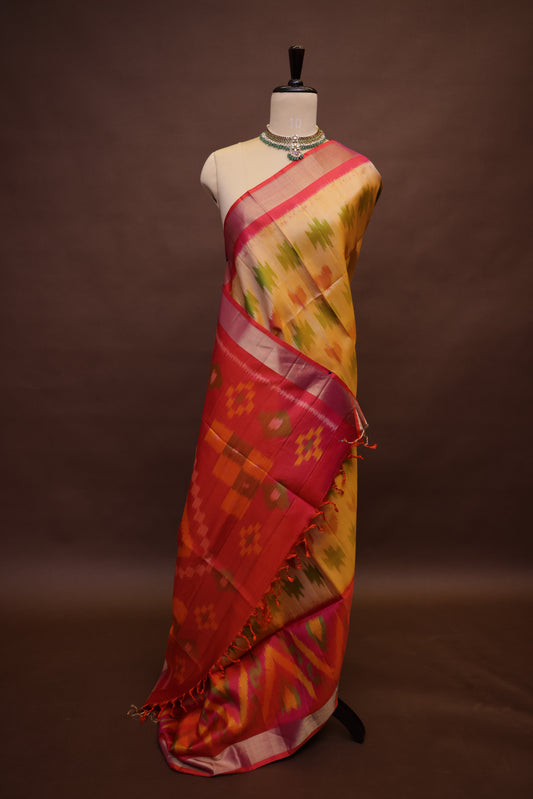 Pure Ikkat Soft Silk Saree - Beige & Orange