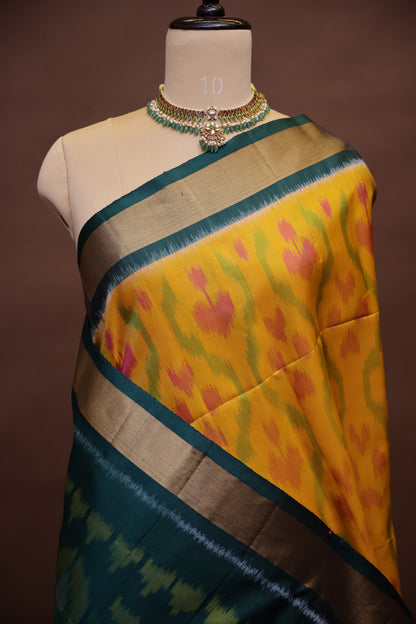 Pure Ikkat Soft Silk Saree - Mustard Yellow & Bottle Green