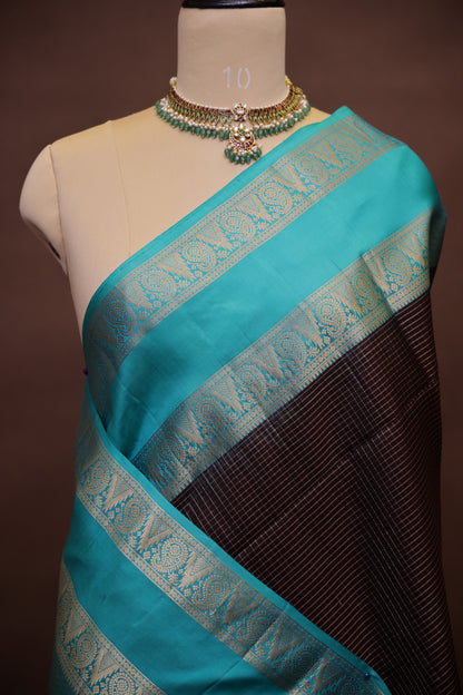 Pure Soft Silk Saree - Chocolate Brown and Turquoise Blue