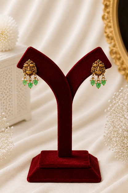 Antique Gold-Plated Long Lakshmi Temple Necklace Set with Emerald Green Stone Drops