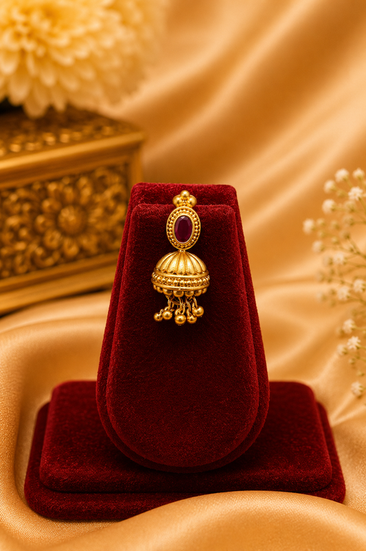 Antique Gold-Plated Choker Necklace Set with Ruby Stone Detailing & Gold Bead Hangings