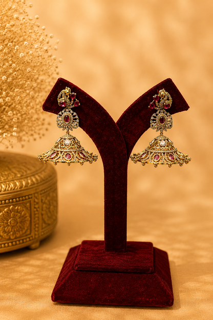 Antique Zircon Jhumka Earrings with Ruby & White Stones