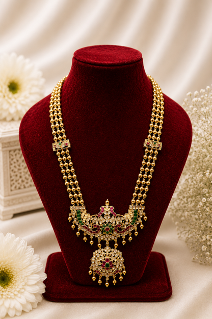 Long Antique Gold-Plated Haaram Set with Traditional Pendant & Jhumkas