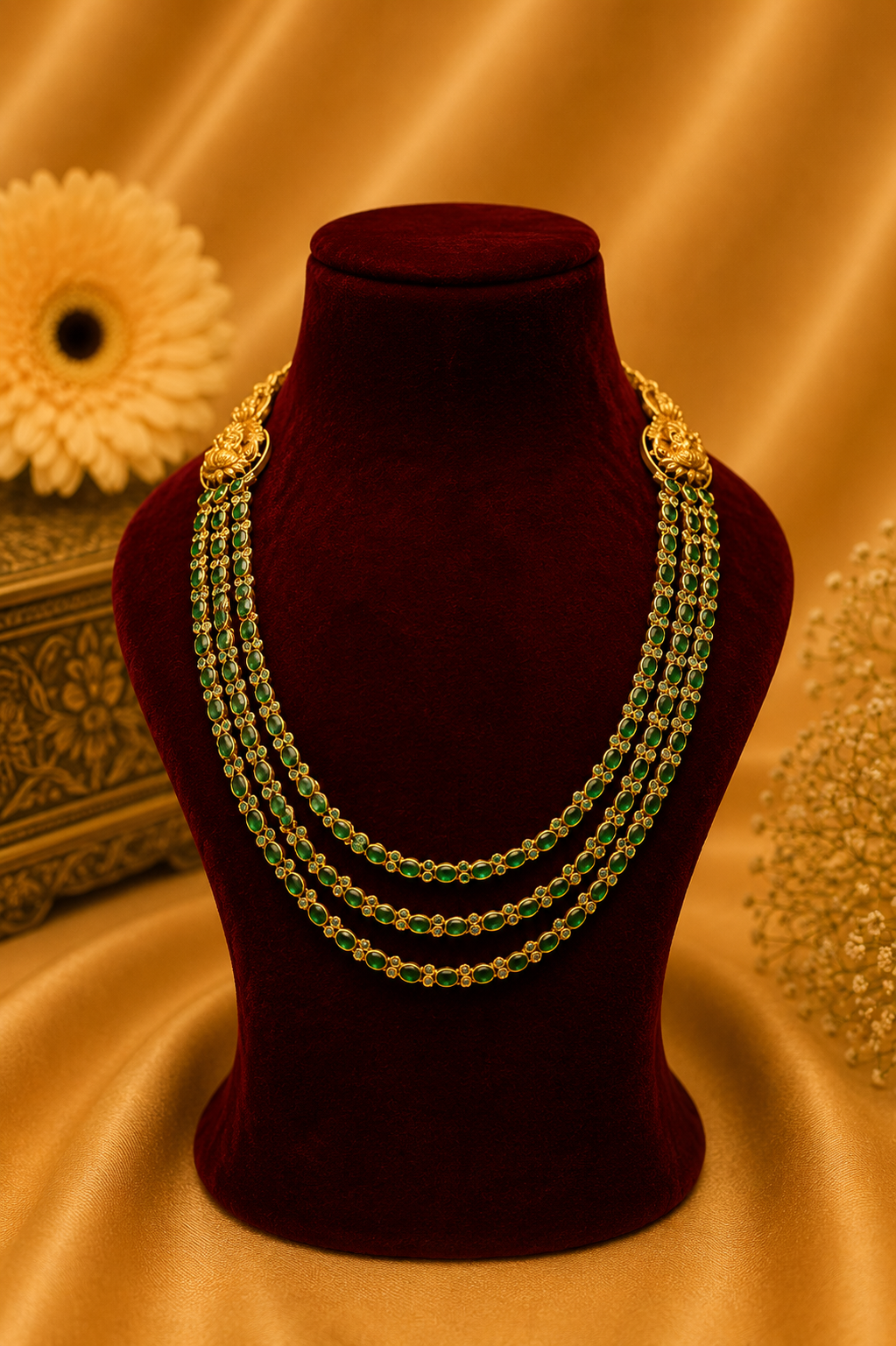 Antique Gold-Plated Temple Layered Haaram Set with Emerald Detailing
