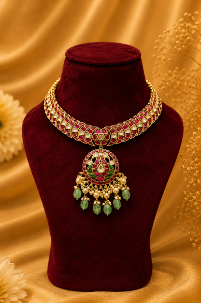 Pure Jadau Statement Choker Necklace Set with Mint Green Stone Drops