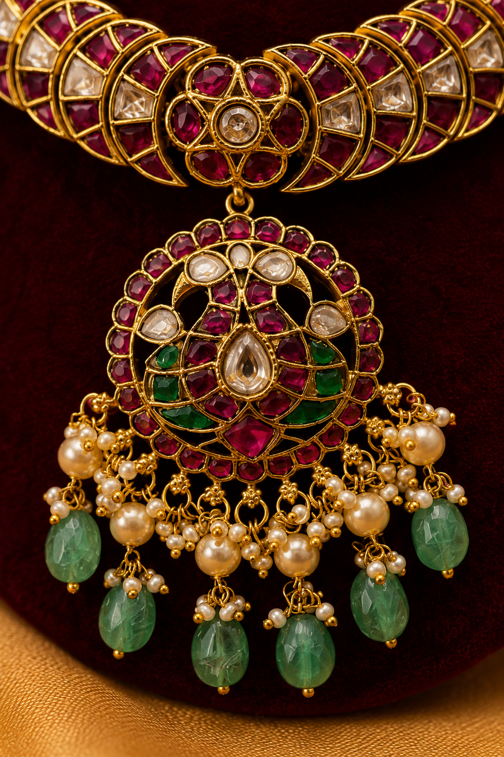 Pure Jadau Statement Choker Necklace Set with Mint Green Stone Drops