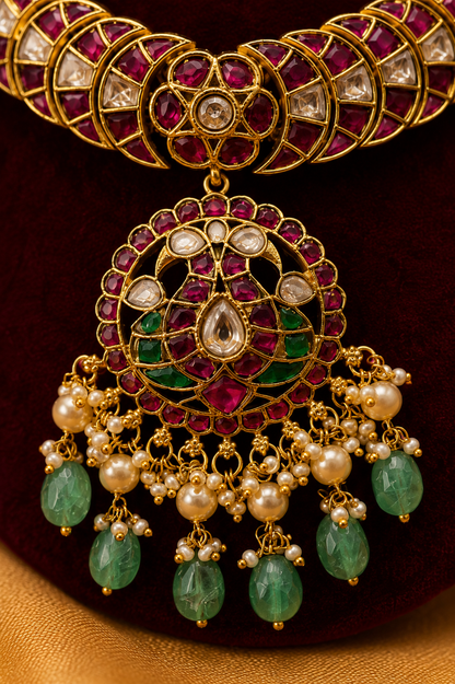 Pure Jadau Statement Choker Necklace Set with Mint Green Stone Drops