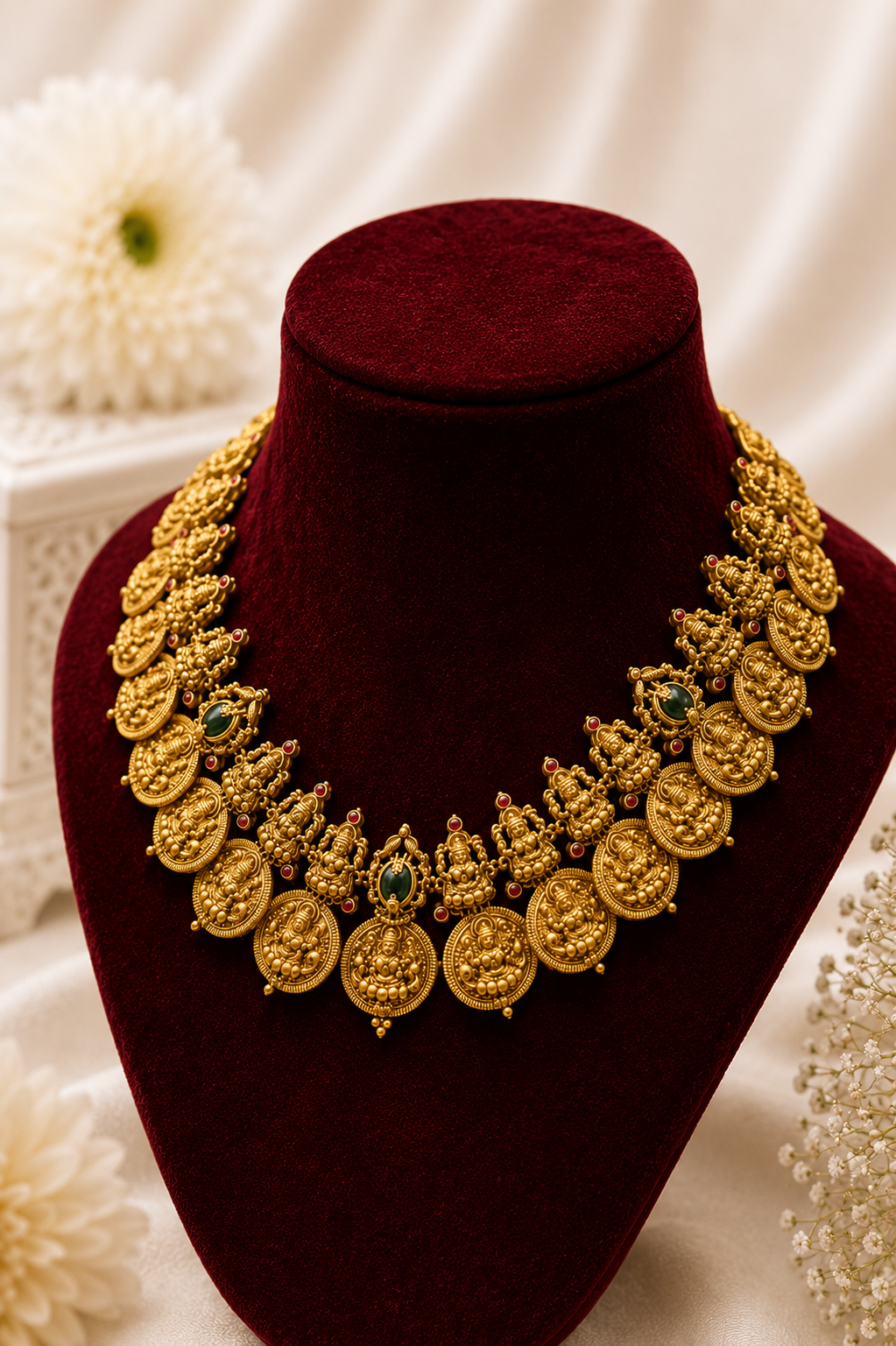 Antique Gold-Plated Lakshmi Coin Mala Choker Necklace Set with Emerald Accents