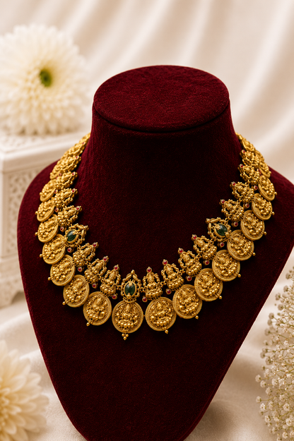 Antique Gold-Plated Lakshmi Coin Mala Choker Necklace Set with Emerald Accents