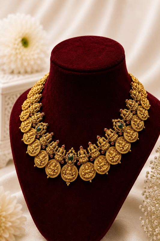 Antique Gold-Plated Lakshmi Coin Mala Choker Necklace Set with Emerald Accents