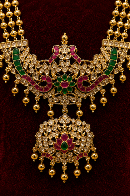 Long Antique Gold-Plated Haaram Set with Traditional Pendant & Jhumkas