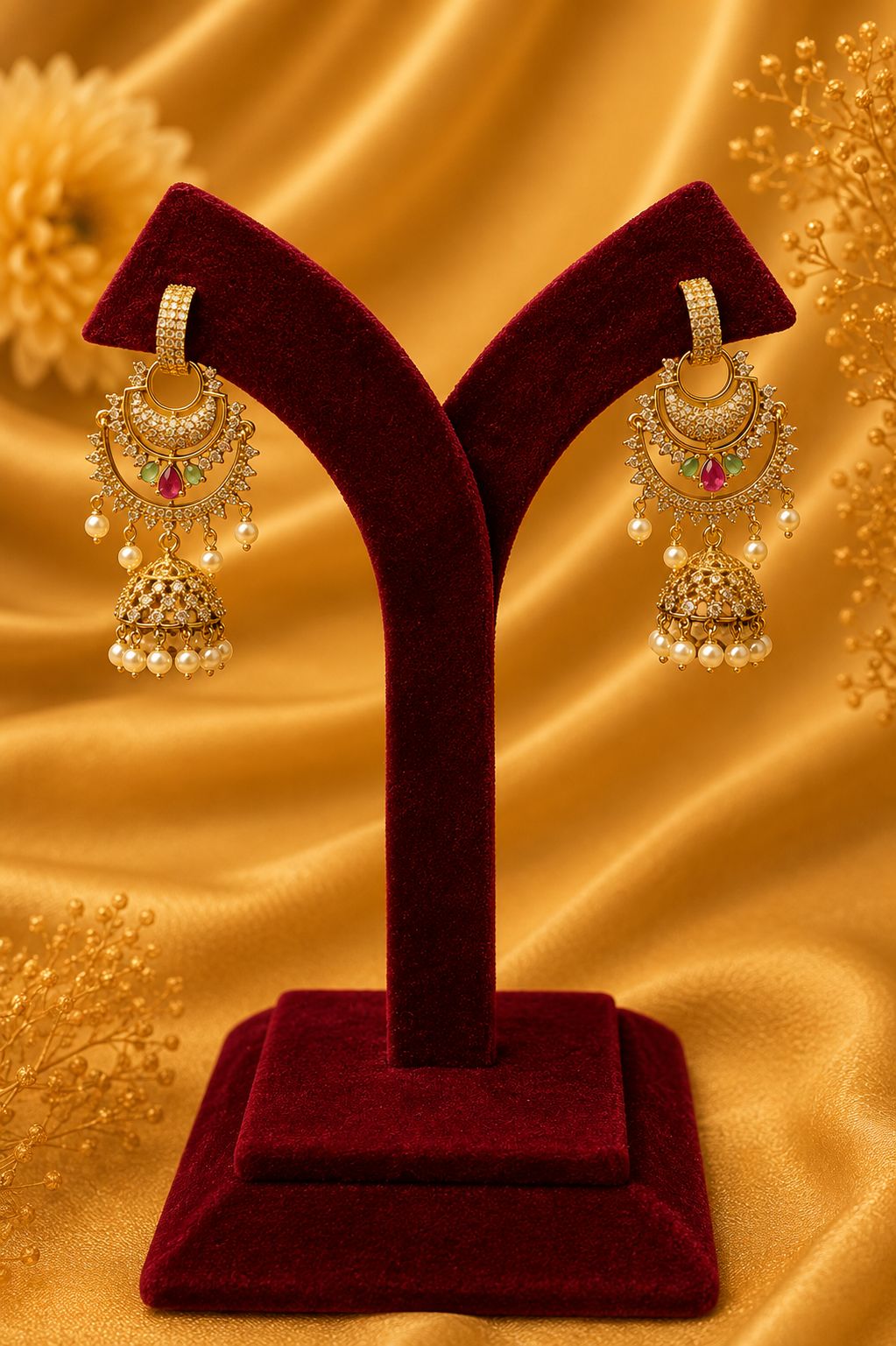 Combination Stud & Zircon Jhumka Earrings with Pearl Hangings