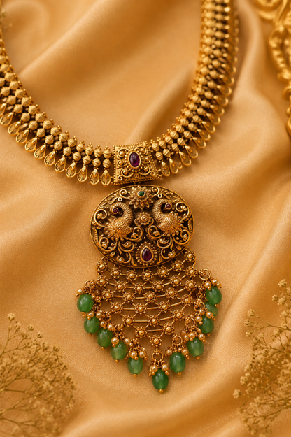 Antique Gold-Plated Temple Pendant Necklace Set with Mint Green Stone Drops