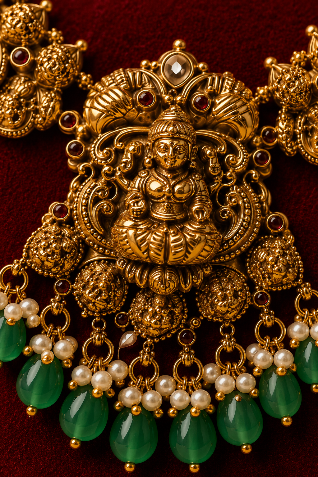 Antique Gold-Plated Long Lakshmi Temple Necklace Set with Emerald Green Stone Drops