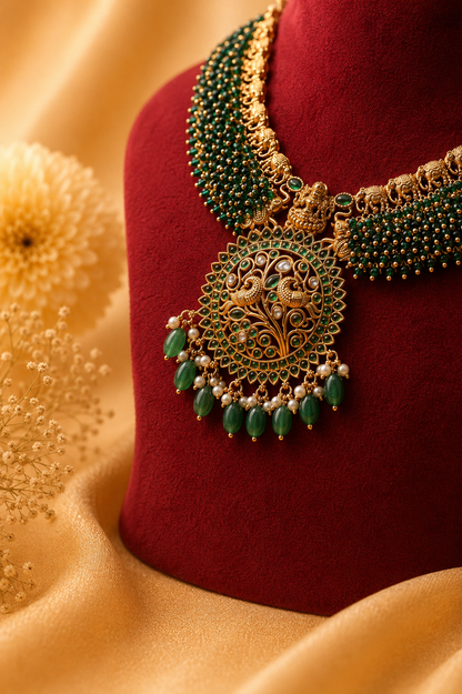 Antique Gold-Plated Temple Choker Set with Emerald Beadwork & Stone Drops