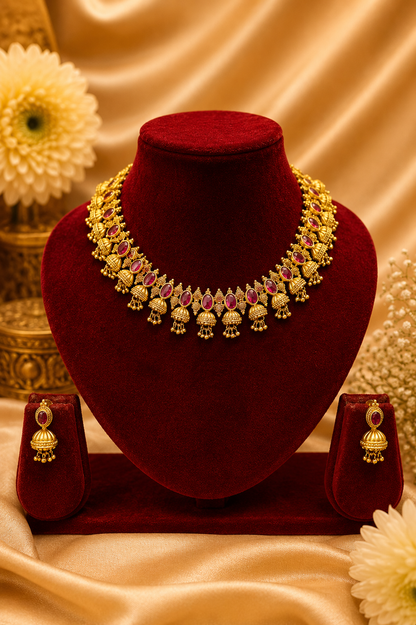 Antique Gold-Plated Choker Necklace Set with Ruby Stone Detailing & Gold Bead Hangings