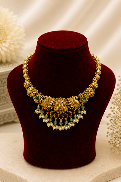 Antique Gold-Plated Lakshmi Choker Set with Mint Green & Pearl Beads