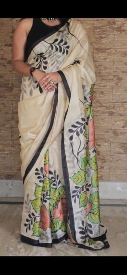 Purely Handpainted Floral On Pure Tussar Silk Saree-White & Black|Silk Mark Certified