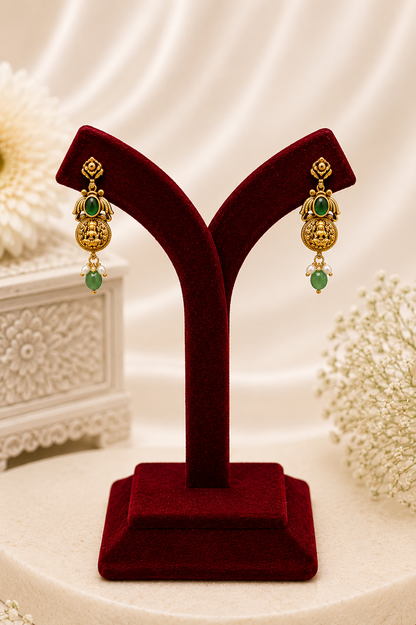 Antique Gold-Plated Coin Necklace Set with Emerald Detailing