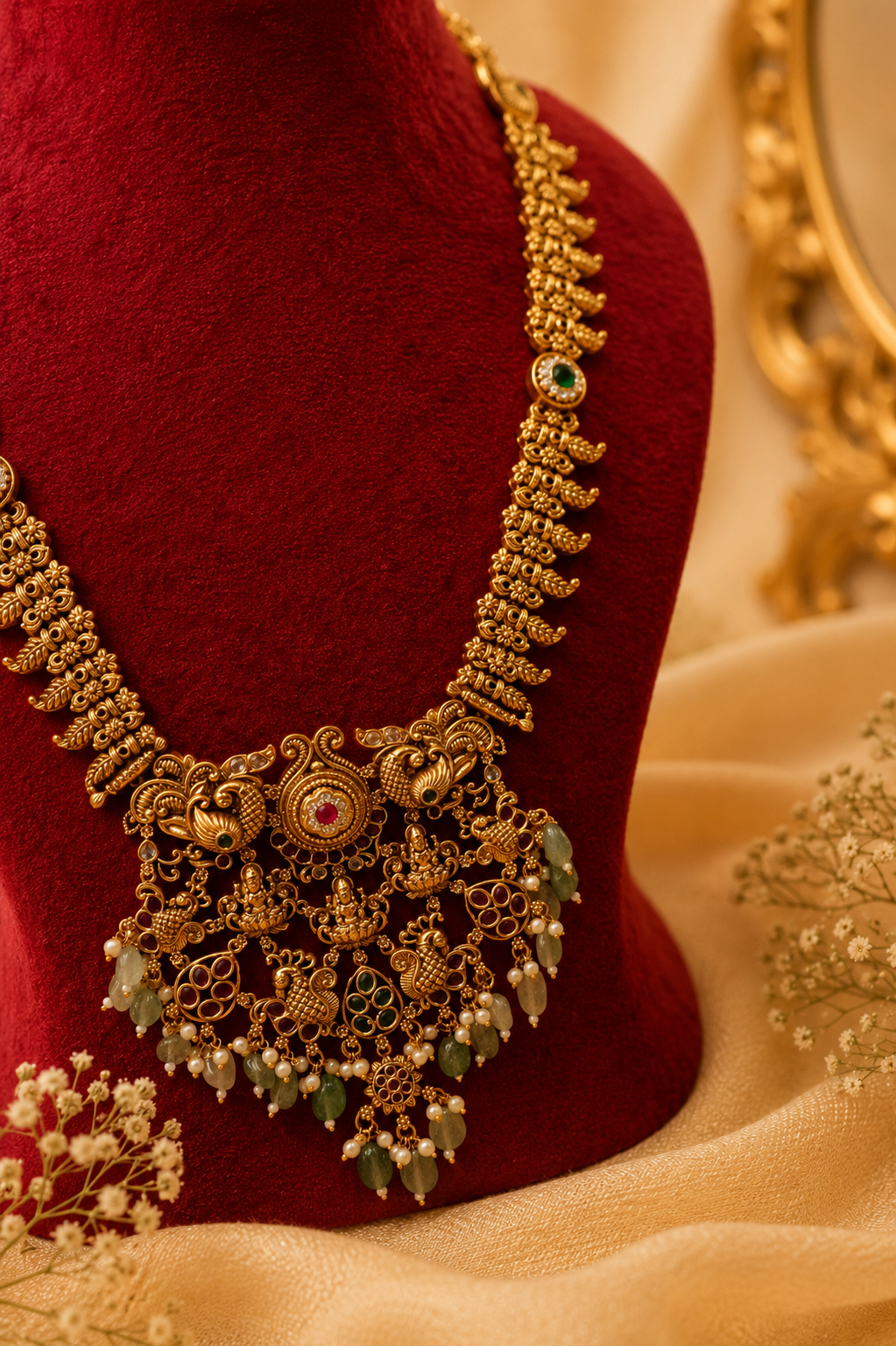 Antique Gold-Plated Temple Long Necklace Set with Mint Green & Blush Pink Stones