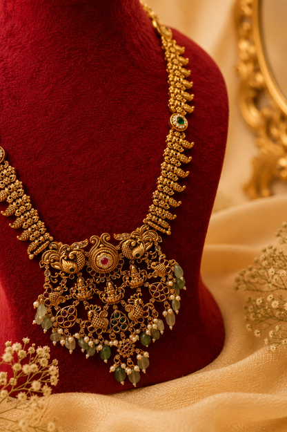 Antique Gold-Plated Temple Long Necklace Set with Mint Green & Blush Pink Stones