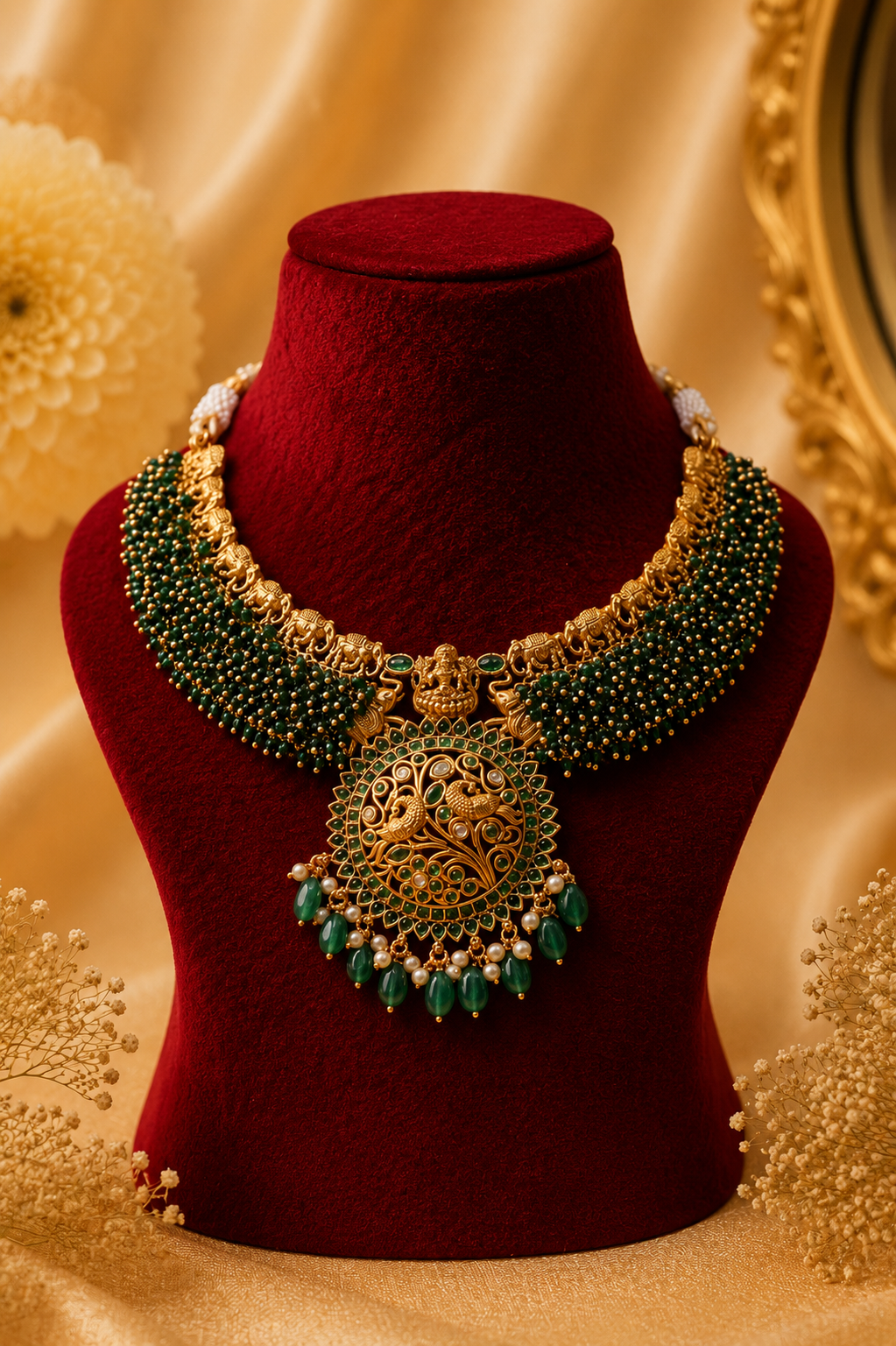 Antique Gold-Plated Temple Choker Set with Emerald Beadwork & Stone Drops