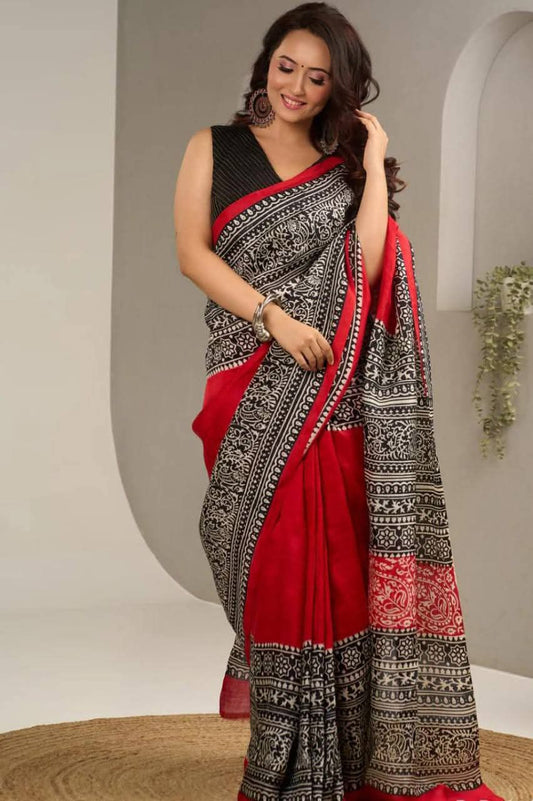 Purely Handpainted Classic On Pure Tussar Silk Saree-Red & Black|Silk Mark Certified