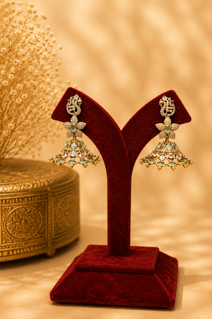 Mint Green & Blush Pink Zircon Jhumka Earrings – Gold Plated