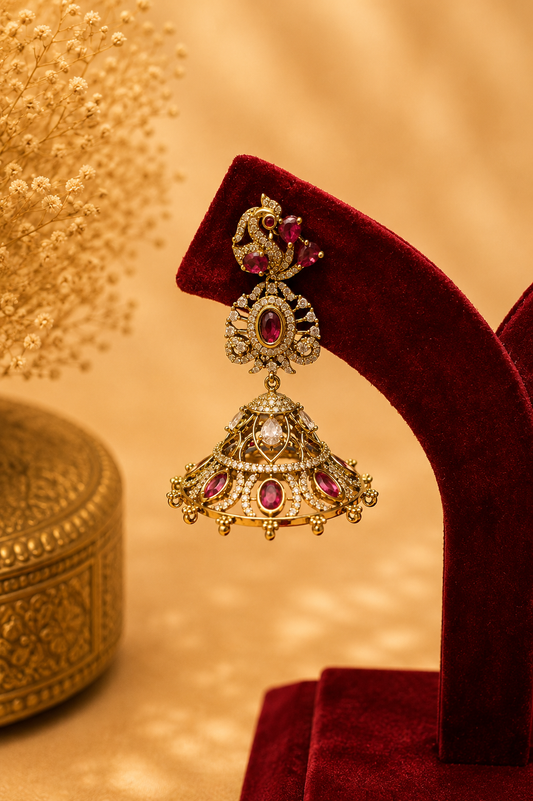 Antique Zircon Jhumka Earrings with Ruby & White Stones