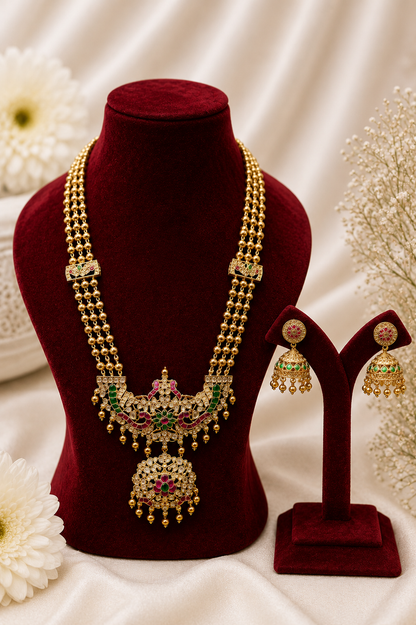 Long Antique Gold-Plated Haaram Set with Traditional Pendant & Jhumkas