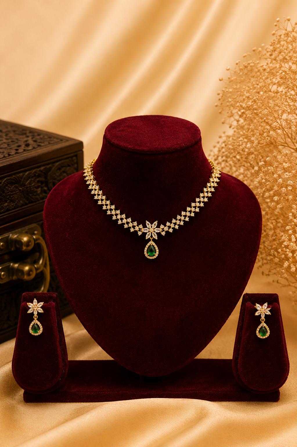 Elegant AD Stone Necklace Set with Emerald Drop Choker Pendant Set