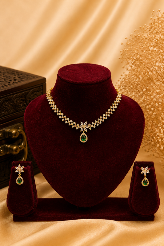 Elegant AD Stone Necklace Set with Emerald Drop Choker Pendant Set