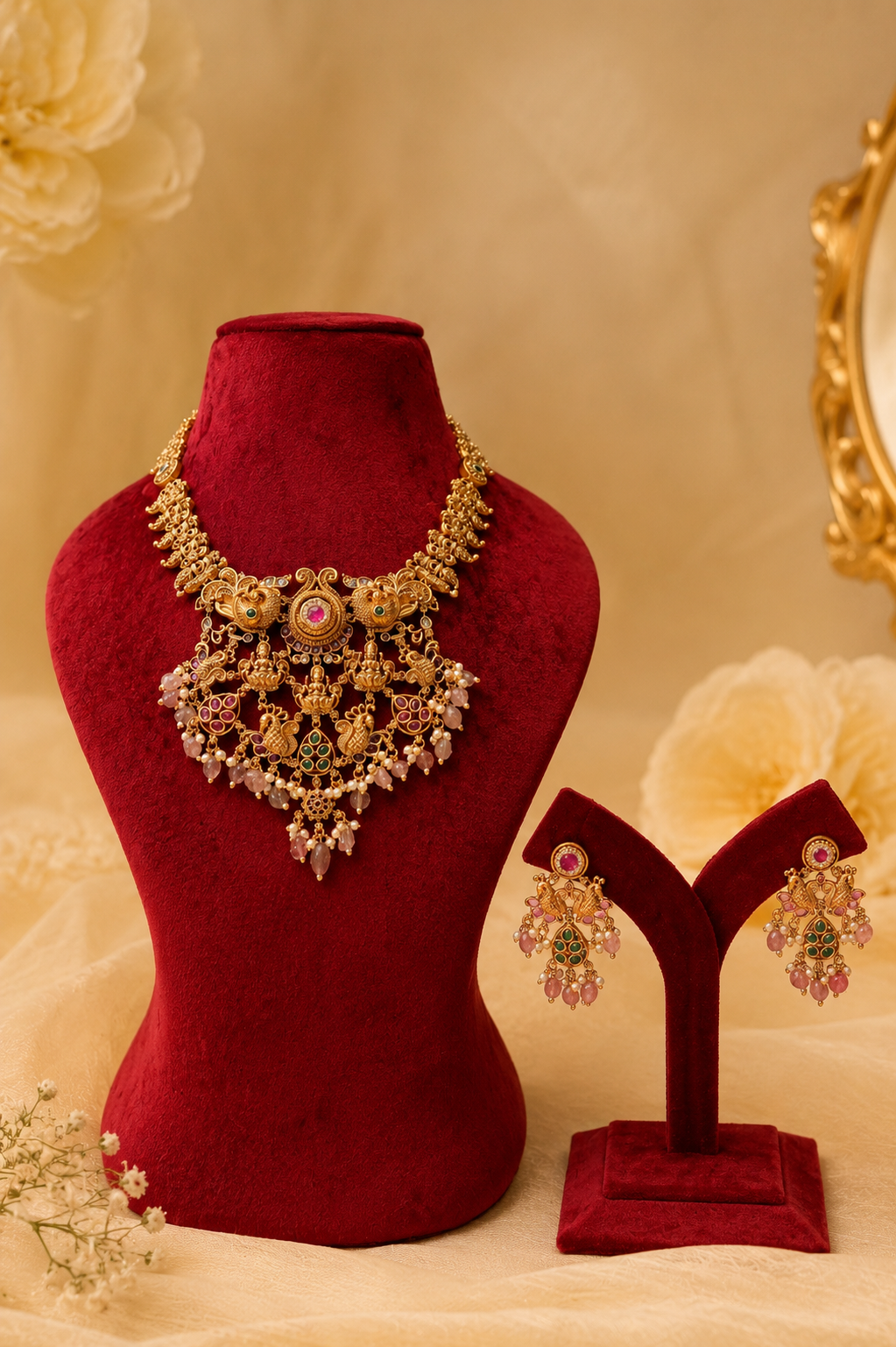 Antique Gold-Plated Temple Necklace Set with Blush Pink Stones