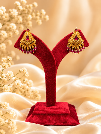 Antique Gold-Plated Gold Look Like Earring with Red Beads