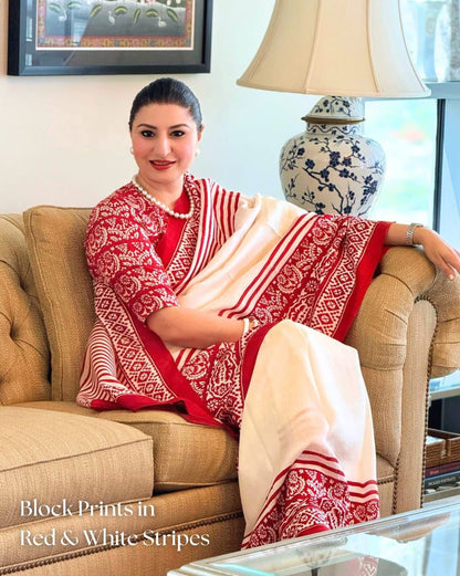 Purely Handpainted Classic On Pure Tussar Silk Saree-White & Red|Silk Mark Certified