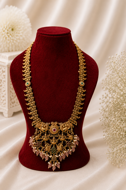 Antique Gold-Plated Temple Long Necklace Set with Blush Pink Stone Drops