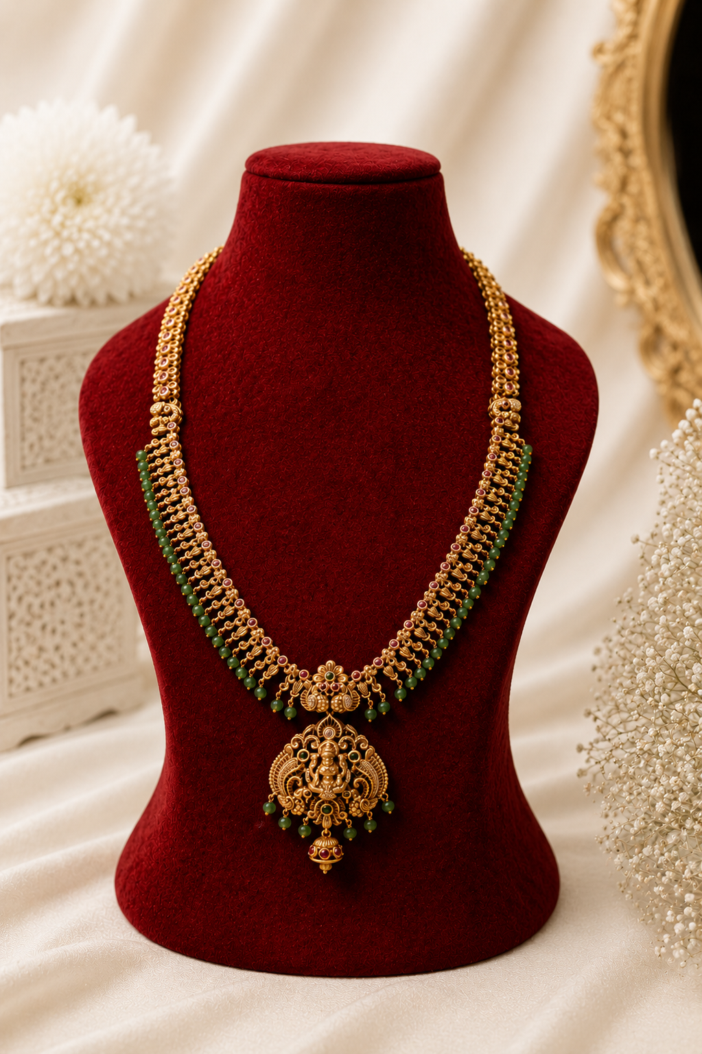 Antique Gold-Plated Temple Long Necklace Set with Emerald Green Bead Drops